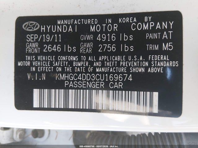 Продаж на аукціоні авто 2012 Hyundai Genesis 3.8, vin: KMHGC4DD3CU169674, номер лоту: 45068788