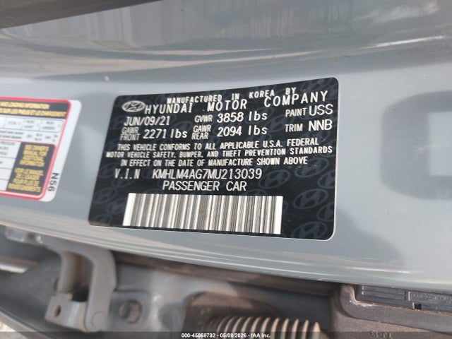 2021 Hyundai Elantra Sel მანქანა იყიდება აუქციონზე, vin: KMHLM4AG7MU213039, აუქციონის ნომერი: 45068792