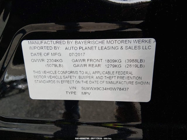 2017 Bmw X3 Xdrive28i მანქანა იყიდება აუქციონზე, vin: 5UXWX9C34H0W78437, აუქციონის ნომერი: 45068798