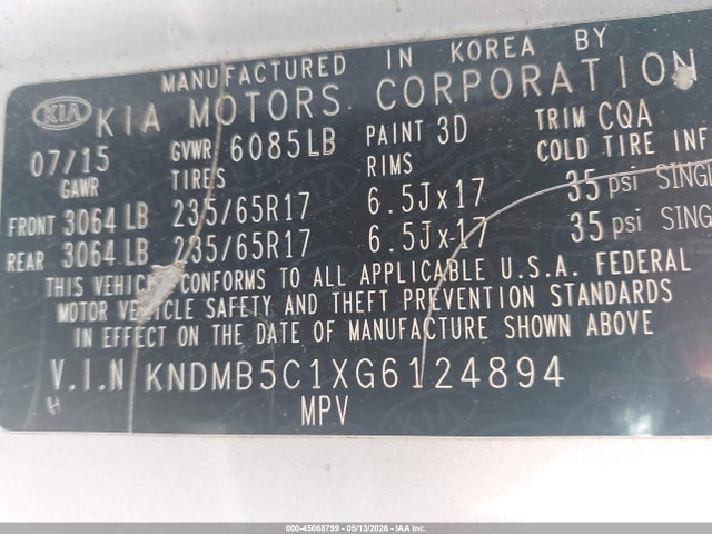 45068799 :رقم المزاد ، KNDMB5C1XG6124894 vin ، 2016 Kia Sedona Lx مزاد بيع