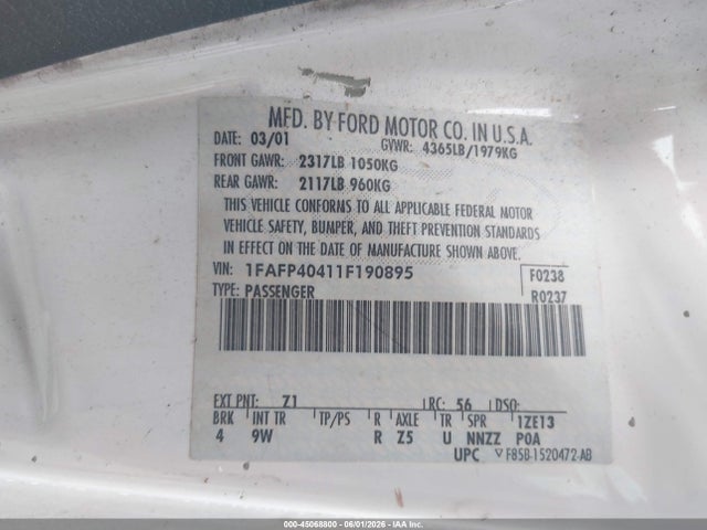 Aukcja sprzedaży 2001 Ford Mustang, vin: 1FAFP40411F190895, numer aukcji: 45068800