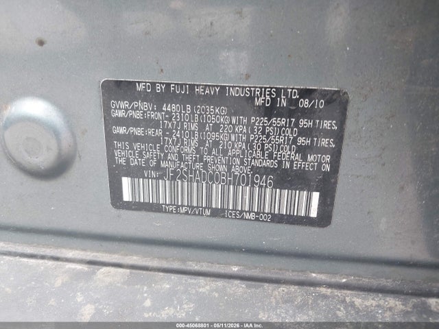 2011 Subaru Forester 2.5x Premium მანქანა იყიდება აუქციონზე, vin: JF2SHADC0BH701946, აუქციონის ნომერი: 45068801