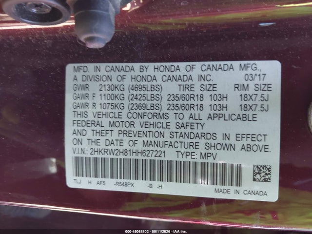 Продаж на аукціоні авто 2017 Honda Cr-v Ex-l/ex-l Navi, vin: 2HKRW2H81HH627221, номер лоту: 45068802