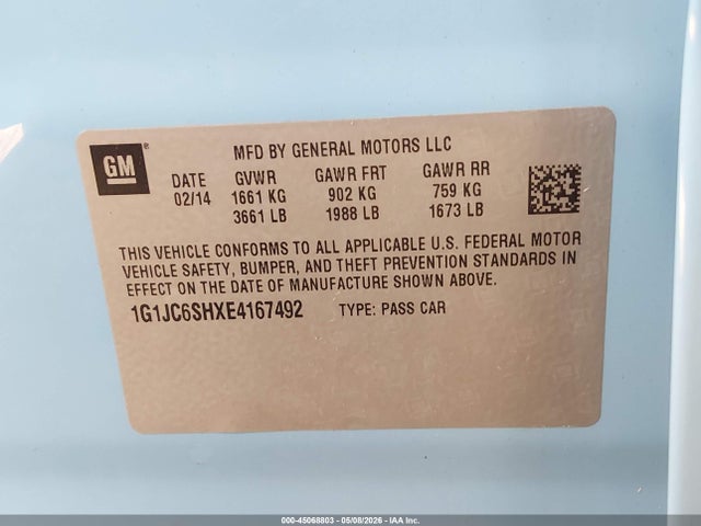 Продажа на аукционе авто 2014 Chevrolet Sonic Lt Auto, vin: 1G1JC6SHXE4167492, номер лота: 45068803
