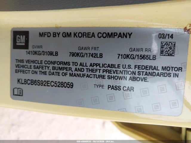 45068830 :رقم المزاد ، KL8CB6S92EC528059 vin ، 2014 Chevrolet Spark Ls Auto مزاد بيع