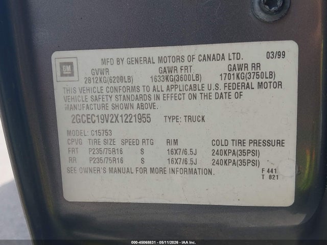 45068831 :رقم المزاد ، 2GCEC19V2X1221955 vin ، 1999 Chevrolet Silverado 1500 Ls مزاد بيع