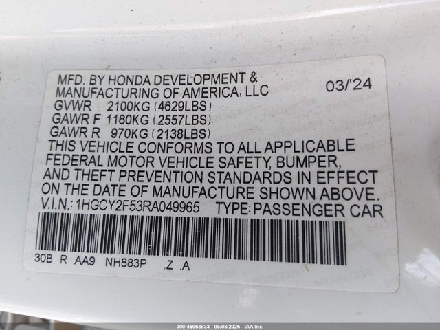1HGCY2F53RA049965 Honda Accord Hybrid Sport