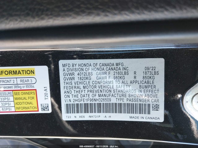 45068837 :رقم المزاد ، 2HGFE1F96NH326509 vin ، 2022 Honda Civic Touring مزاد بيع