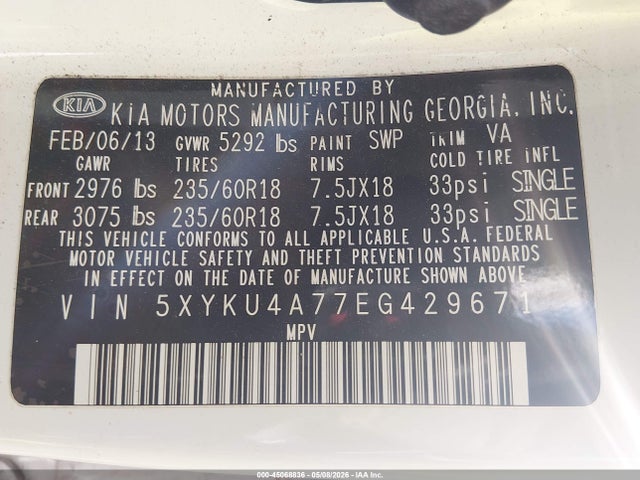 Продаж на аукціоні авто 2014 Kia Sorento Ex V6, vin: 5XYKU4A77EG429671, номер лоту: 45068836