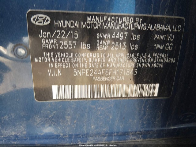 Продаж на аукціоні авто 2015 Hyundai Sonata Se, vin: 5NPE24AF6FH171843, номер лоту: 45068838