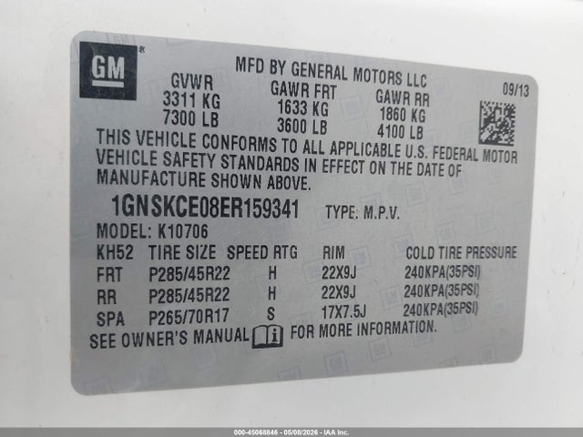 Auction sale of the 2014 Chevrolet Tahoe Ltz, vin: 1GNSKCE08ER159341, lot number: 45068846