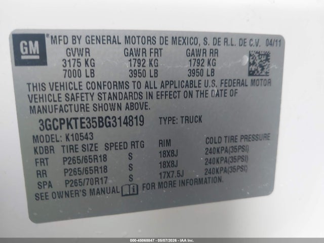 45068847 :رقم المزاد ، 3GCPKTE35BG314819 vin ، 2011 Chevrolet Silverado 1500 Ltz مزاد بيع