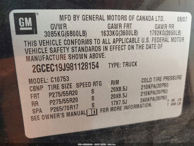 Aukcja sprzedaży 2008 Chevrolet Silverado 1500 Lt1, vin: 2GCEC19J981128154, numer aukcji: 45068849