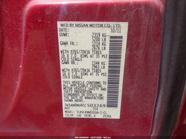 Aukcja sprzedaży 2012 Nissan Xterra S, vin: 5N1AN0NU4CC503269, numer aukcji: 45068850