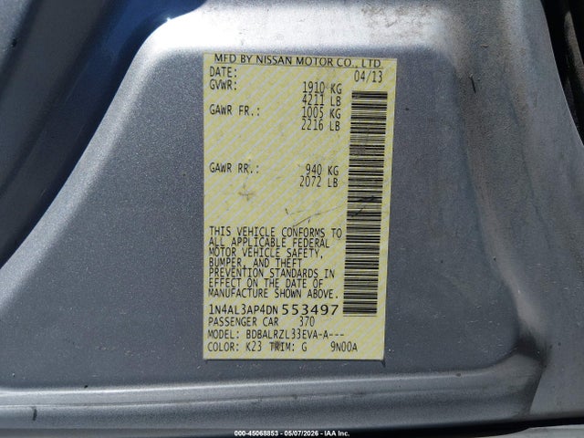 Aukcja sprzedaży 2013 Nissan Altima 2.5 S, vin: 1N4AL3AP4DN553497, numer aukcji: 45068853