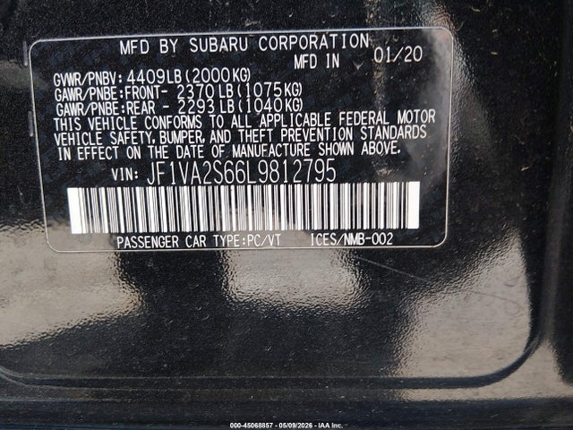 45068857 :رقم المزاد ، JF1VA2S66L9812795 vin ، 2020 Subaru Wrx Sti مزاد بيع