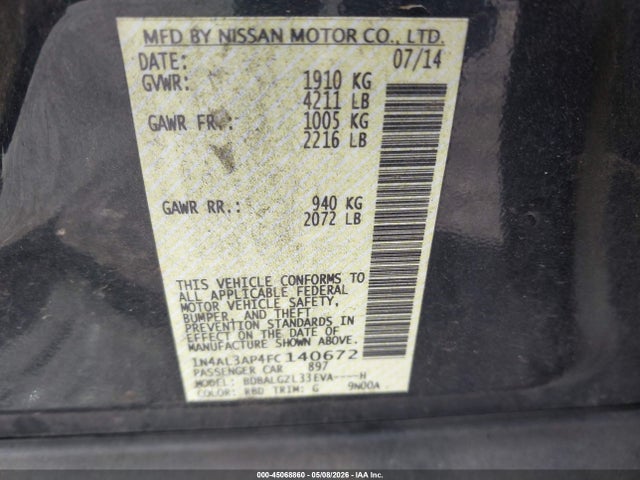 Продаж на аукціоні авто 2015 Nissan Altima 2.5 S, vin: 1N4AL3AP4FC140672, номер лоту: 45068860