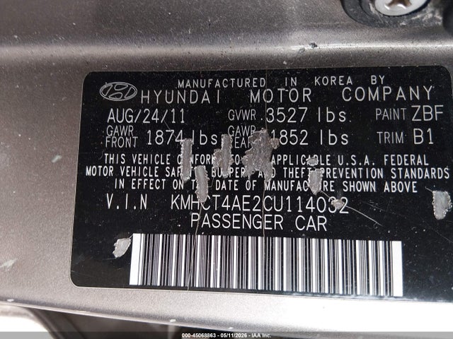 Aukcja sprzedaży 2012 Hyundai Accent Gls, vin: KMHCT4AE2CU114032, numer aukcji: 45068863