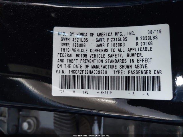 1HGCR2F59HA039260 Honda Accord Sport
