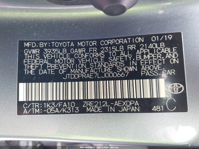 Aukcja sprzedaży 2020 Toyota Corolla L, vin: JTDDPRAE7LJ000667, numer aukcji: 45068872