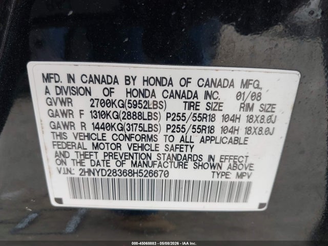 Aukcja sprzedaży 2008 Acura Mdx Technology Package, vin: 2HNYD28368H526670, numer aukcji: 45068883