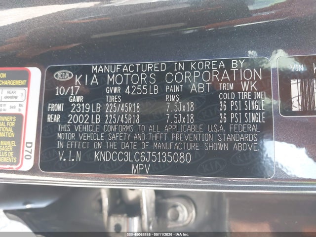 2018 Kia Niro Ex მანქანა იყიდება აუქციონზე, vin: KNDCC3LC6J5135080, აუქციონის ნომერი: 45068886