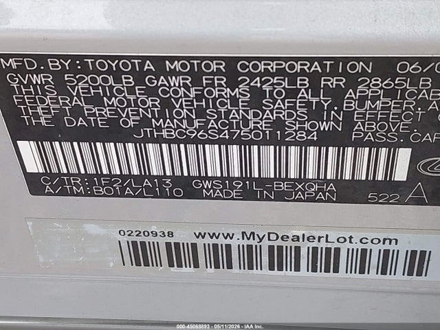 Продажа на аукционе авто 2007 Lexus Gs 450h, vin: JTHBC96S475011284, номер лота: 45068893