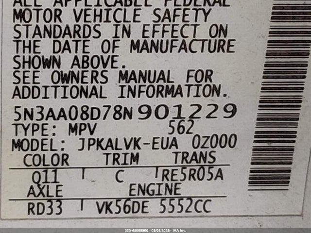Продажа на аукционе авто 2008 Infiniti Qx56, vin: 5N3AA08D78N901229, номер лота: 45068900
