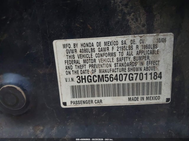 Aukcja sprzedaży 2007 Honda Accord 2.4 Lx, vin: 3HGCM56407G701184, numer aukcji: 45068905