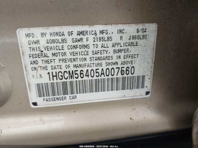 Aukcja sprzedaży 2005 Honda Accord 2.4 Lx, vin: 1HGCM56405A007560, numer aukcji: 45068906