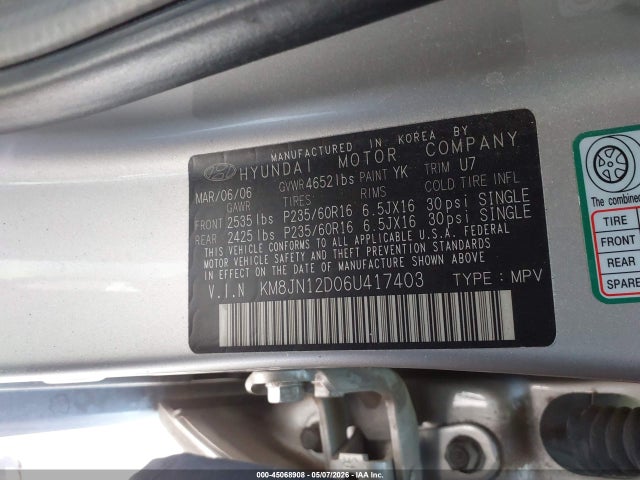 45068908 :رقم المزاد ، KM8JN12D06U417403 vin ، 2006 Hyundai Tucson Gls/limited مزاد بيع