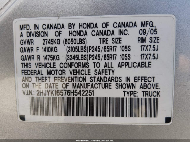 Продажа на аукционе авто 2006 Honda Ridgeline Rtl, vin: 2HJYK16576H542251, номер лота: 45068927