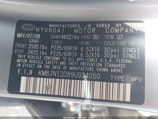 Aukcja sprzedaży 2009 Hyundai Tucson Se, vin: KM8JN12D89U934050, numer aukcji: 45068935
