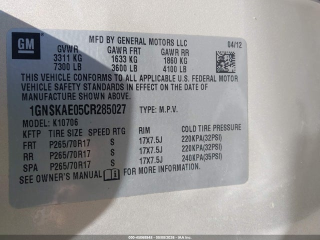 Aukcja sprzedaży 2012 Chevrolet Tahoe Ls, vin: 1GNSKAE05CR285027, numer aukcji: 45068948
