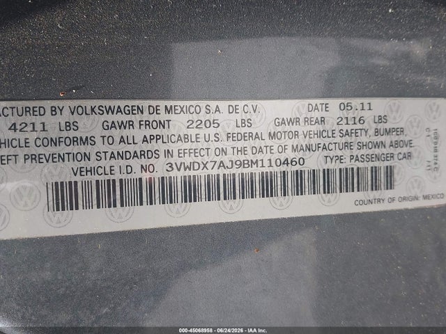 Aukcja sprzedaży 2011 Volkswagen Jetta 2.5l Se, vin: 3VWDX7AJ9BM110460, numer aukcji: 45068958