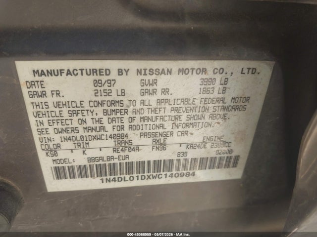 45068959 :رقم المزاد ، 1N4DL01DXWC140984 vin ، 1998 Nissan Altima Gle/gxe/se/xe مزاد بيع