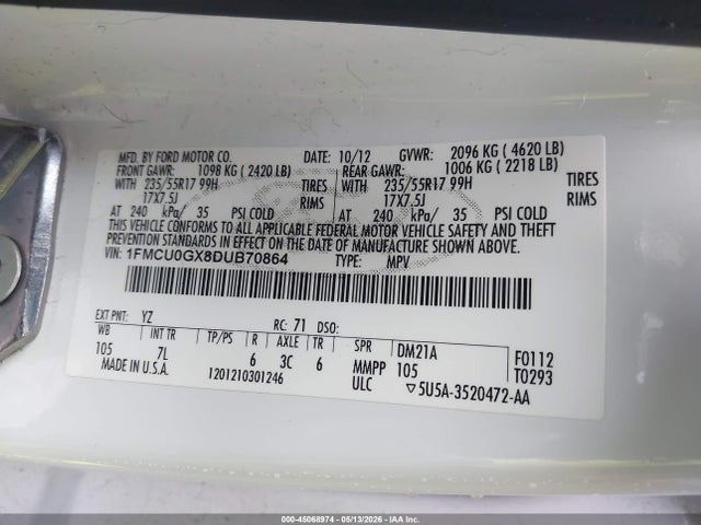 45068974 :رقم المزاد ، 1FMCU0GX8DUB70864 vin ، 2013 Ford Escape Se مزاد بيع