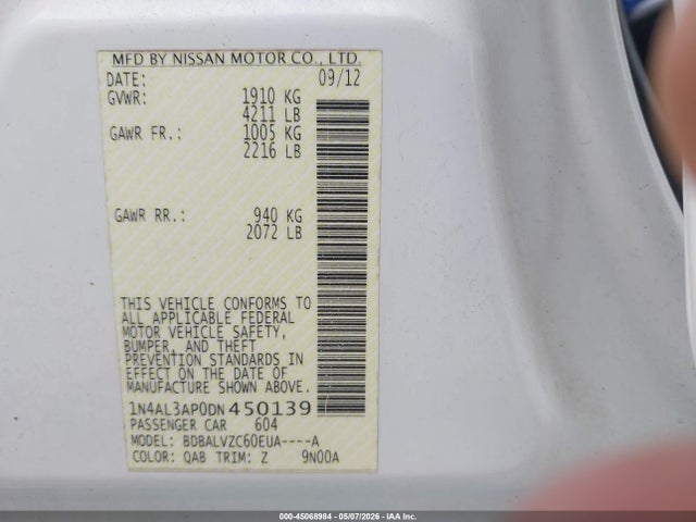 2013 Nissan Altima 2.5 Sl მანქანა იყიდება აუქციონზე, vin: 1N4AL3AP0DN450139, აუქციონის ნომერი: 45068984