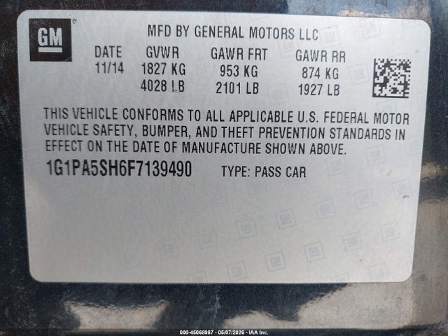 Продажа на аукционе авто 2015 Chevrolet Cruze Ls Auto, vin: 1G1PA5SH6F7139490, номер лота: 45068987