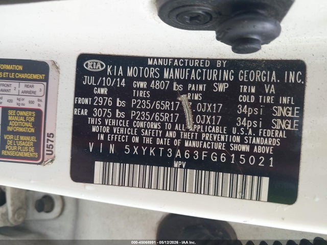 Продажа на аукционе авто 2015 Kia Sorento Lx, vin: 5XYKT3A63FG615021, номер лота: 45068991