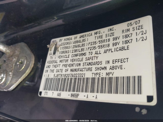 Aukcja sprzedaży 2007 Acura Rdx, vin: 5J8TB18207A023321, numer aukcji: 45068993
