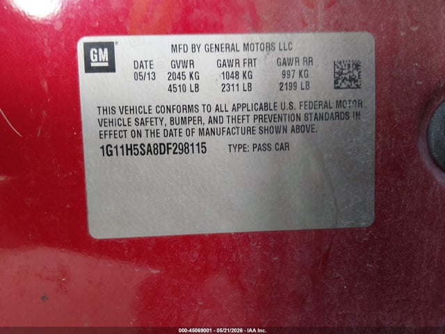 2013 Chevrolet Malibu 1lz მანქანა იყიდება აუქციონზე, vin: 1G11H5SA8DF298115, აუქციონის ნომერი: 45069001