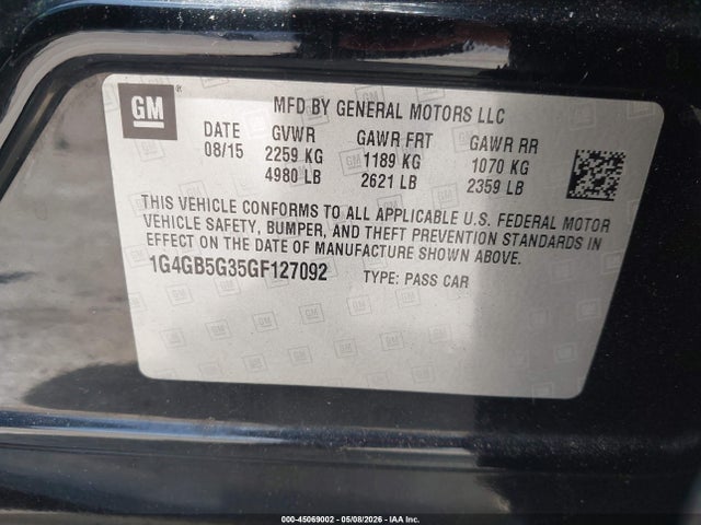 45069002 :رقم المزاد ، 1G4GB5G35GF127092 vin ، 2016 Buick Lacrosse Leather مزاد بيع