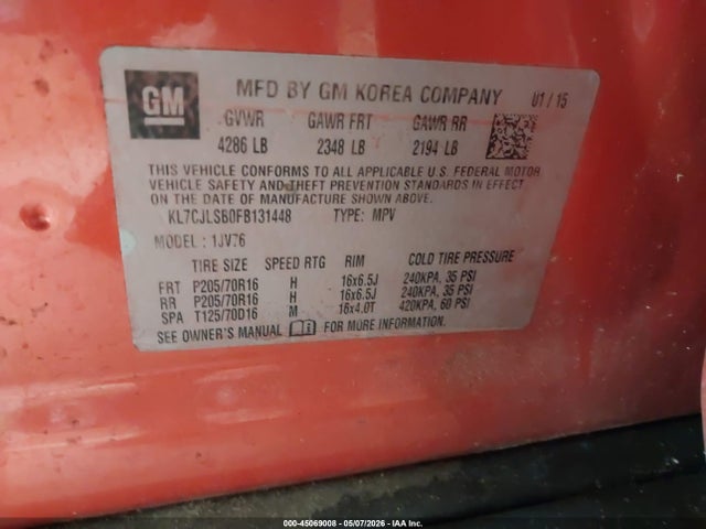 Продаж на аукціоні авто 2015 Chevrolet Trax Lt, vin: KL7CJLSB0FB131448, номер лоту: 45069008