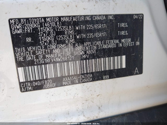 45069010 :رقم المزاد ، 2T3G1RFV4NW268121 vin ، 2022 Toyota Rav4 Le مزاد بيع