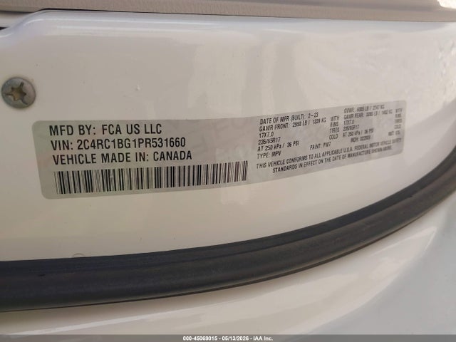 2023 Chrysler Pacifica Touring L მანქანა იყიდება აუქციონზე, vin: 2C4RC1BG1PR531660, აუქციონის ნომერი: 45069015
