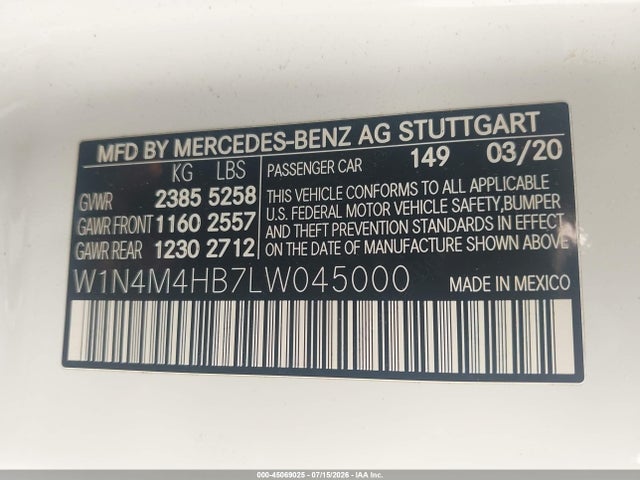 45069025 :رقم المزاد ، W1N4M4HB7LW045000 vin ، 2020 Mercedes-benz Glb 250 4matic مزاد بيع