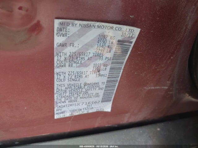 Продаж на аукціоні авто 2018 Nissan Rogue Sv, vin: 5N1AT2MT5JC716562, номер лоту: 45069028