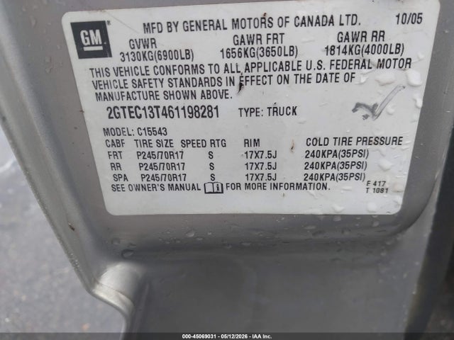 Aukcja sprzedaży 2006 Gmc Sierra 1500 Sle2, vin: 2GTEC13T461198281, numer aukcji: 45069031