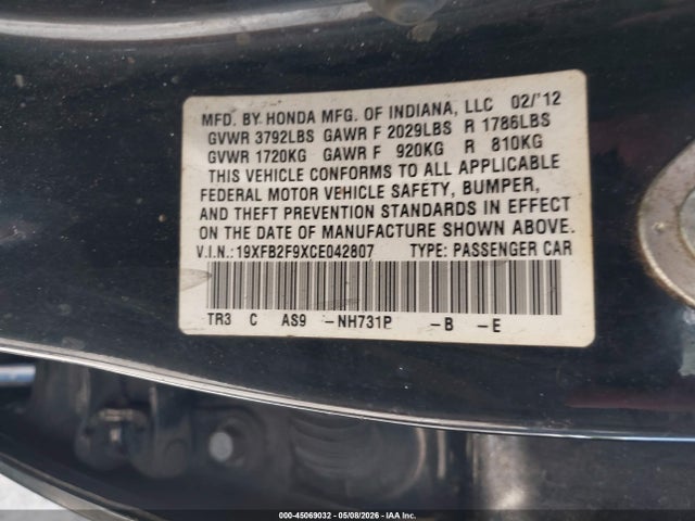 2012 Honda Civic Ex-l მანქანა იყიდება აუქციონზე, vin: 19XFB2F9XCE042807, აუქციონის ნომერი: 45069032